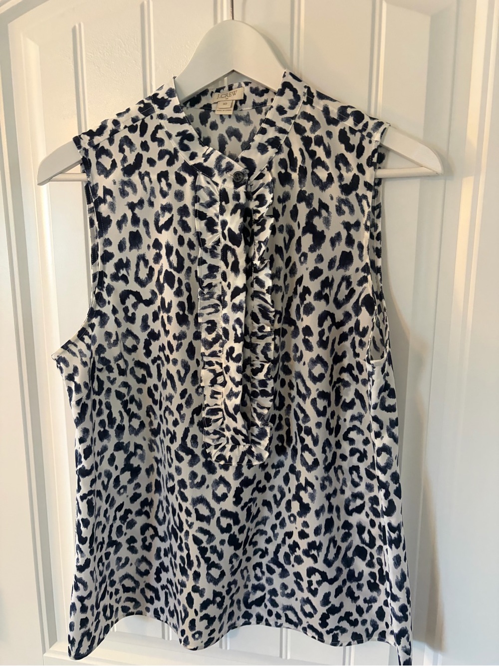 J. Crew Black and White Leopard Ruffle Front Sleeveless Blouse